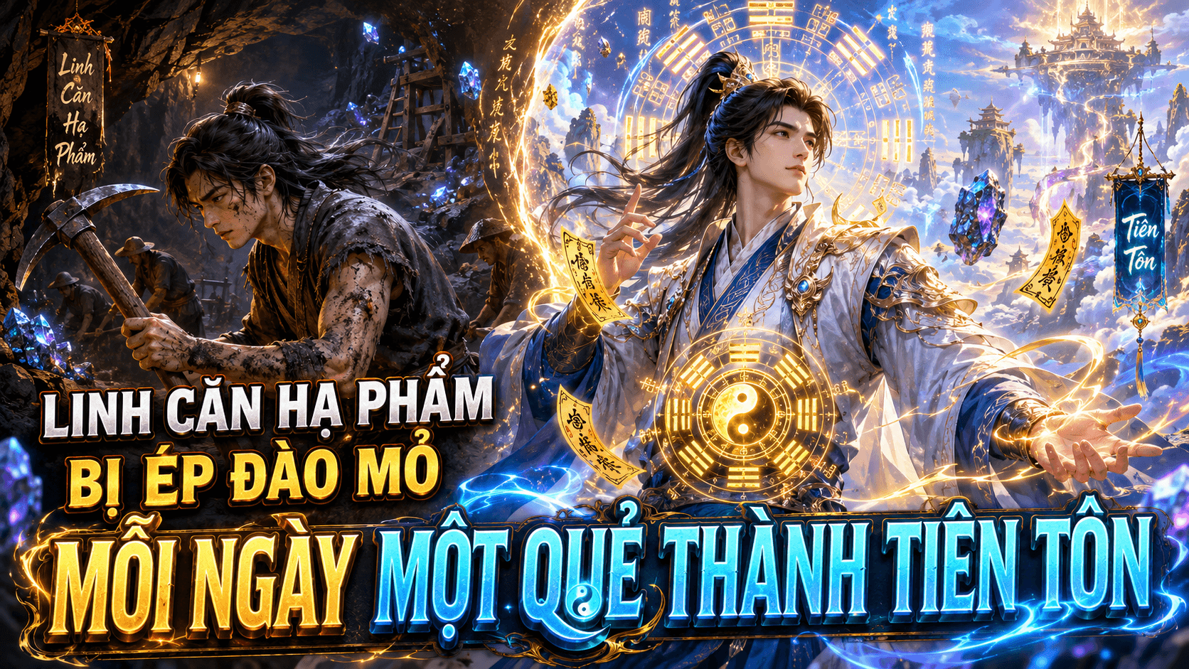 Bìa truyện Linh Căn Hạ Phẩm Bị Ép Đào Mỏ, Ai Ngờ Mỗi Ngày Một Quẻ Thành Tiên Tôn